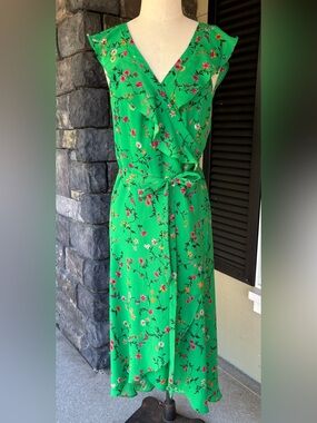Highline Collective Green Floral Wrap Dress Ruffle V-Neck Size L  Romantic